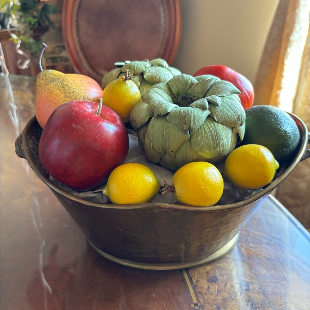 Vintage Brass Decorative Fruit Bowl with Assorted Faux Fruits